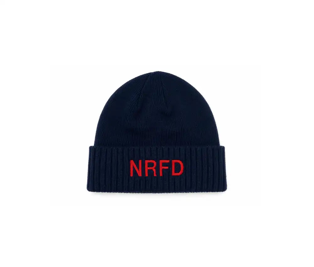 NRFD navy beanie with red lettering